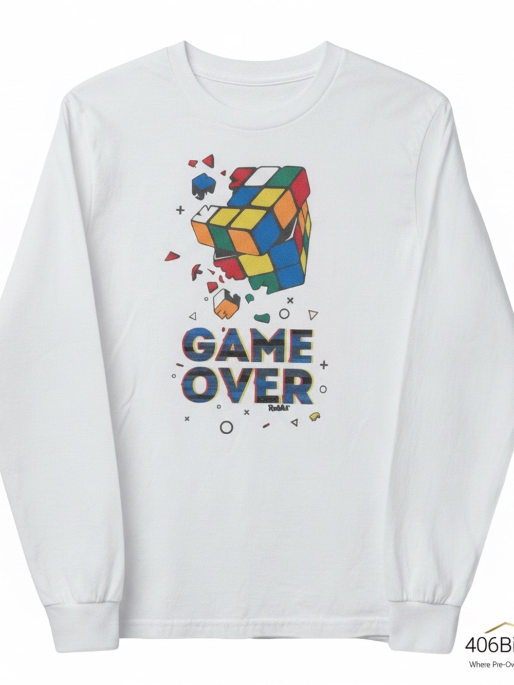 Game Over Rubik-Inspired White Long Sleeve Tee - Graphic Puzzle Print